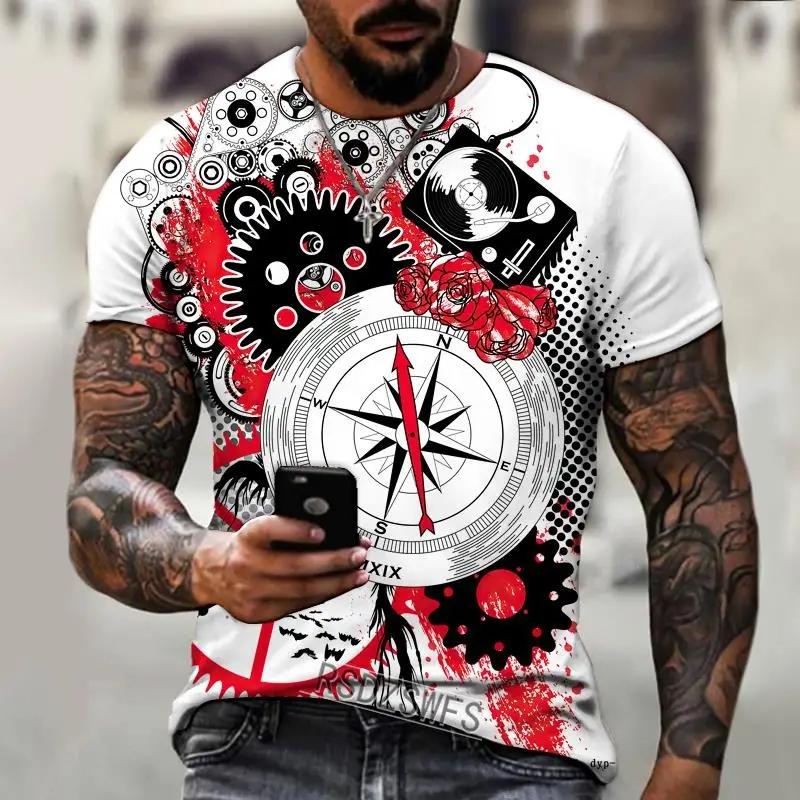 2026 Summer Men's Short Sleeve 3D Printed Pattern Retro Compass Street Cool Trendy