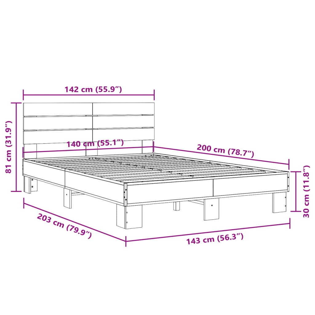 Bed Frame Smoked Oak 140 X 200 Cm Wood Based Material and Metal