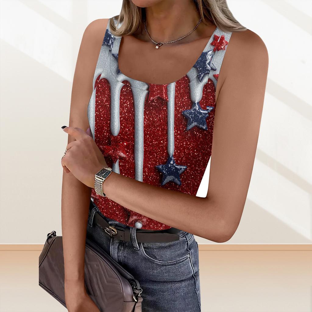 Women's Summer Fashionable Casual Independence Day Printed Round Neck Sleeveless Top Fitted Vest