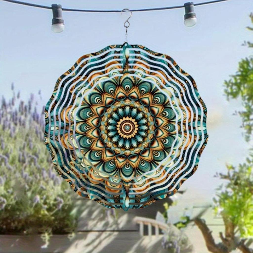 Metal Wind Spinner Autumn Flower Mandala Design in Teal Gold Brown for Garden Patio Balcony Decor All Season Outdoor Wind Chime