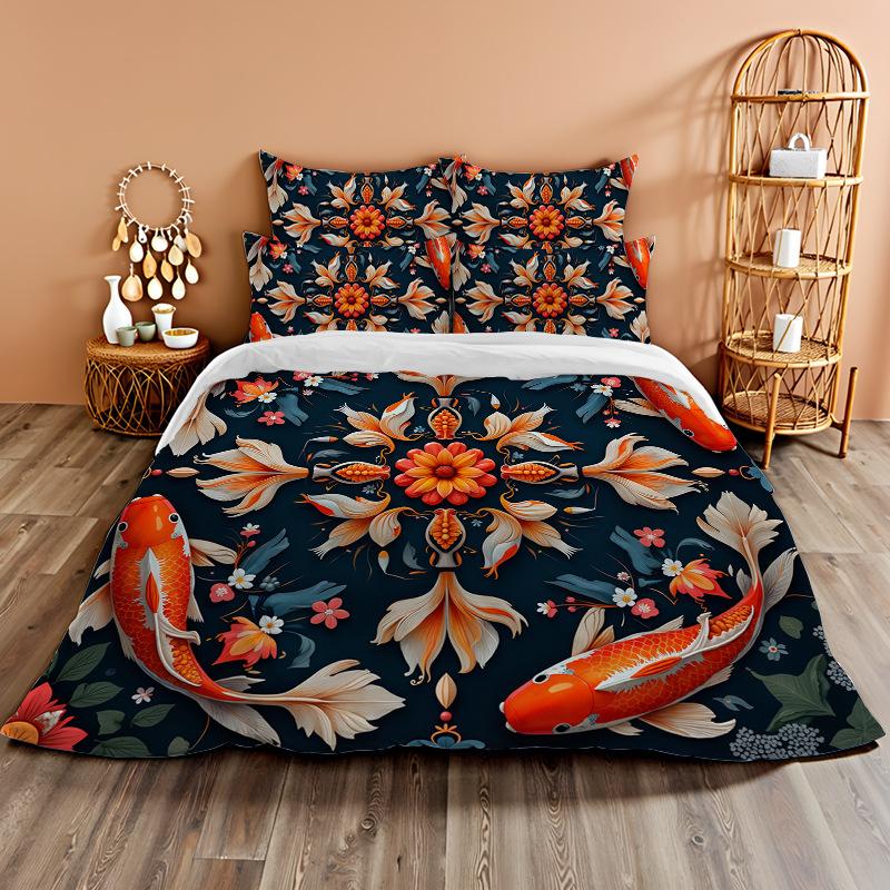 3D Digital Printing Bedding Two Or Three-Piece Set Koi Rich Flower Polyester Quilt Cover