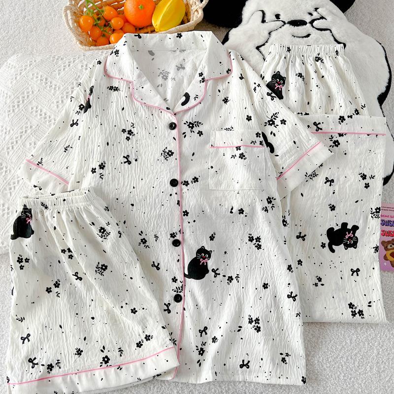 Light Luxury High-Value Black Cat Small Floral Wind Cloud Cotton Fashion Pajamas Short-Sleeved Three-Piece Loungewear
