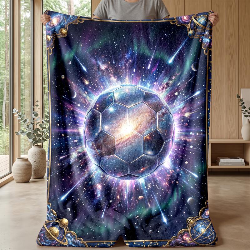Cosmic Soccer Ball Blanket Personalized Name Flannel Blanket Soft Cozy Plush Throw for Sofa Bed Lightweight Home Decor
