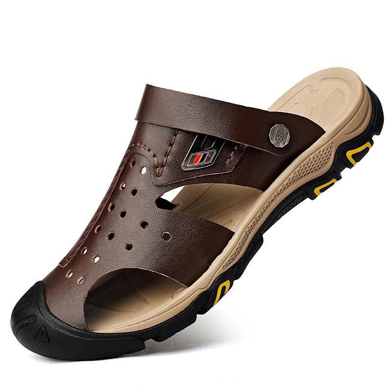 

Мужская повседневная обувь, летние пляжные сандалии из натуральной кожи, дизайнерские нескользящие дышащие мужские тапочки, мокасины 44 коричневый