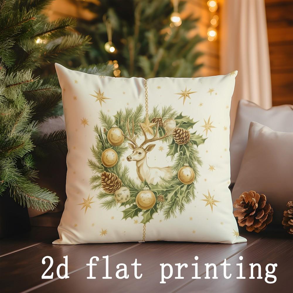 Home Decor Christmas Wreath & Deer Digital Print Pillows Pattern Cushion Cover Suitable For Sofa Bedroom Car Pillow Cover