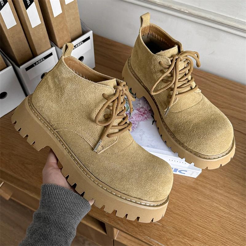 Big Round Toe Men's Casual Shoes High Quality Brown Nubuck leather Thick Bottom Fashion Show Men Leather Shoes 44 45 46