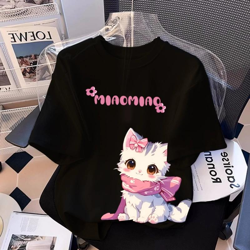 T-shirt Stampata con Grafica di Gatto Cartone Animato per Ragazza Estiva Casual da Donna per Bambini a Maniche Corte Abbigliamento