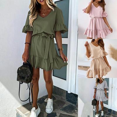 Women's V-neck Solid Color Draped Sexy Short Sleeve Short Drees