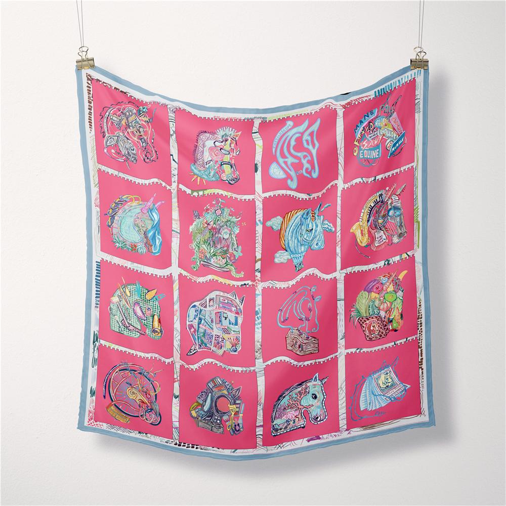 Twill Silk Scarf Woman Horse Floral Print Square Scarves Wraps Bandana Small Hijabs Foulards Lady Tie Headband Neckerchief 53CM