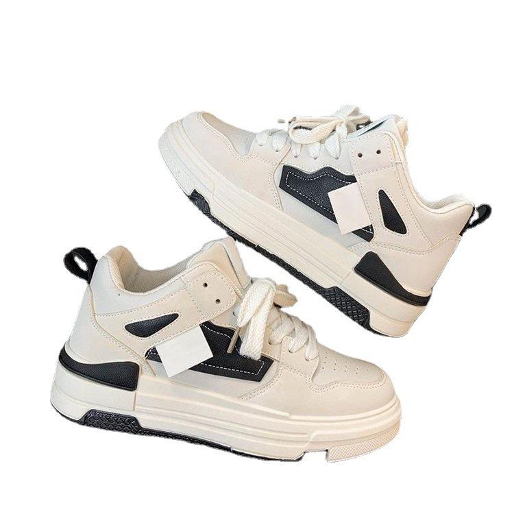 Mid-Top Sneakers Women's  Winter New Muffin Soft Bottom Sneakers Women's Color Matching Lace-up Casual White Shoes for Women