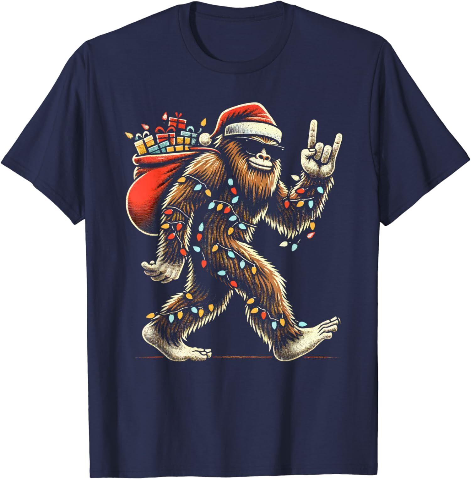 Santa Bigfoot Christmas Lights Funny Sasquatch Xmas Unisex T-shirt XXXXL