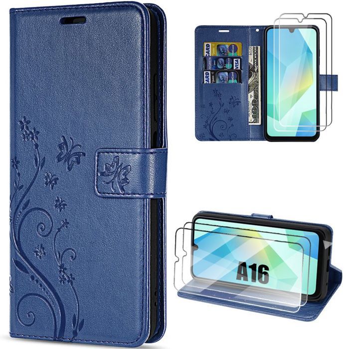 Hülle für Samsung Galaxy A16 5G/4G - BOOLING - Blumen-Schmetterlings-Muster - Dunkelblau - 2 Panzerglas