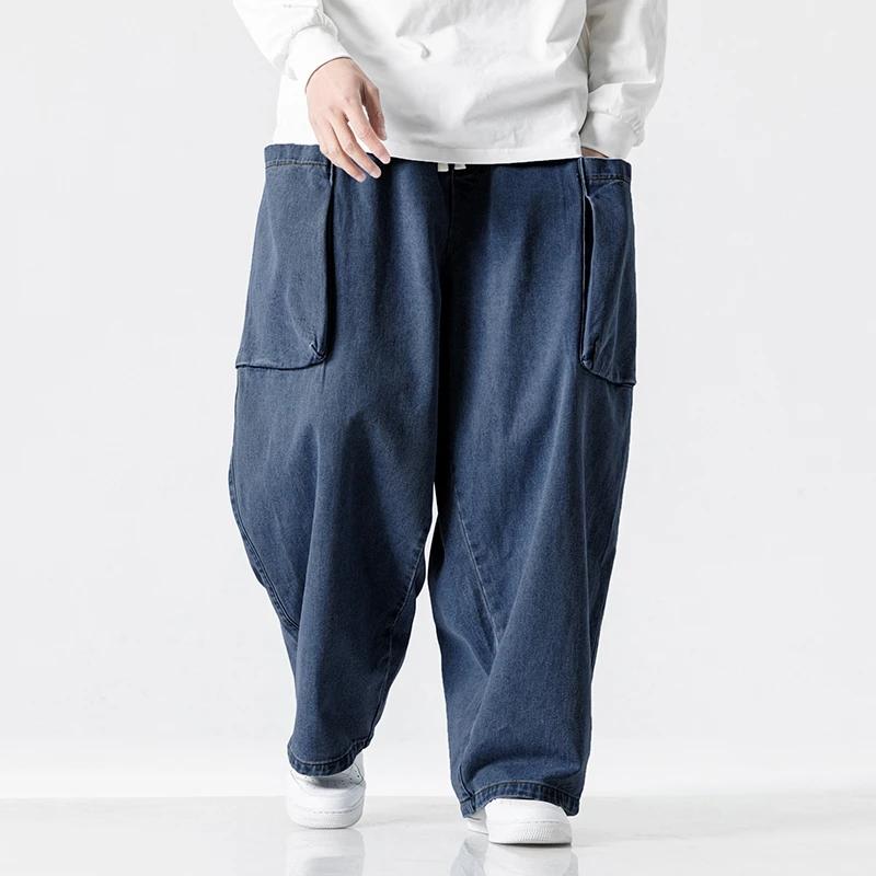 Autumn Fashion Denim Pants Men Loose Wide Leg Pants Men Vintage Streetwear Cargo Pants Male Hip Hop Big Pocket Jean Trousers