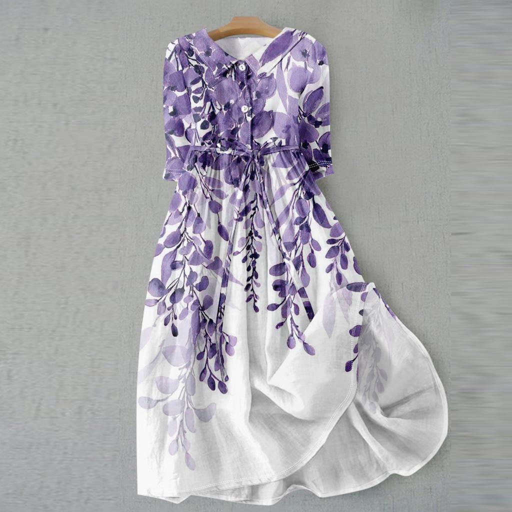 Women's Fashion Casual Printed Lapel Collar Button 3/4 Sleeve Clothing Straps Dress