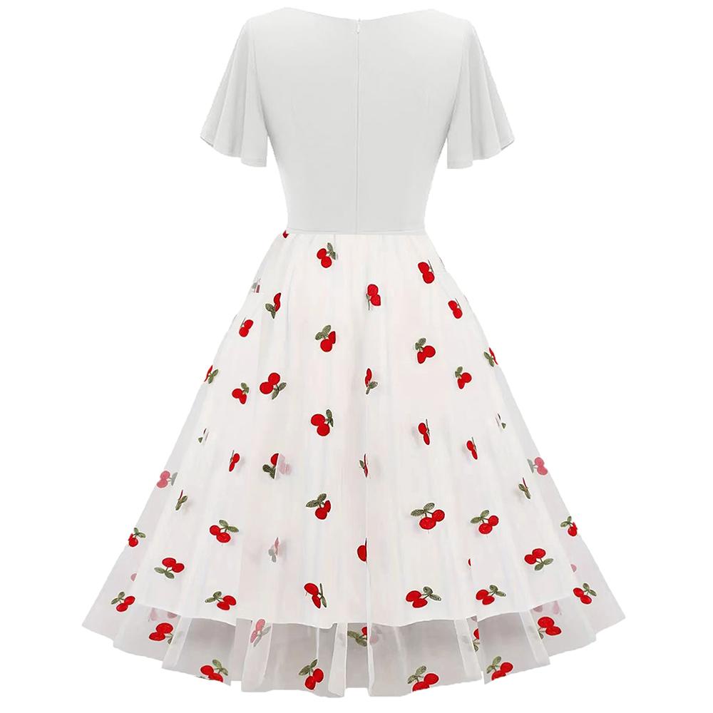 Damen Sommerkleider Mesh Flauschig Bedruckte Stickerei Retro Palast Stil Swing Midikleid Urlaub Party Lässige Oberbekleidung