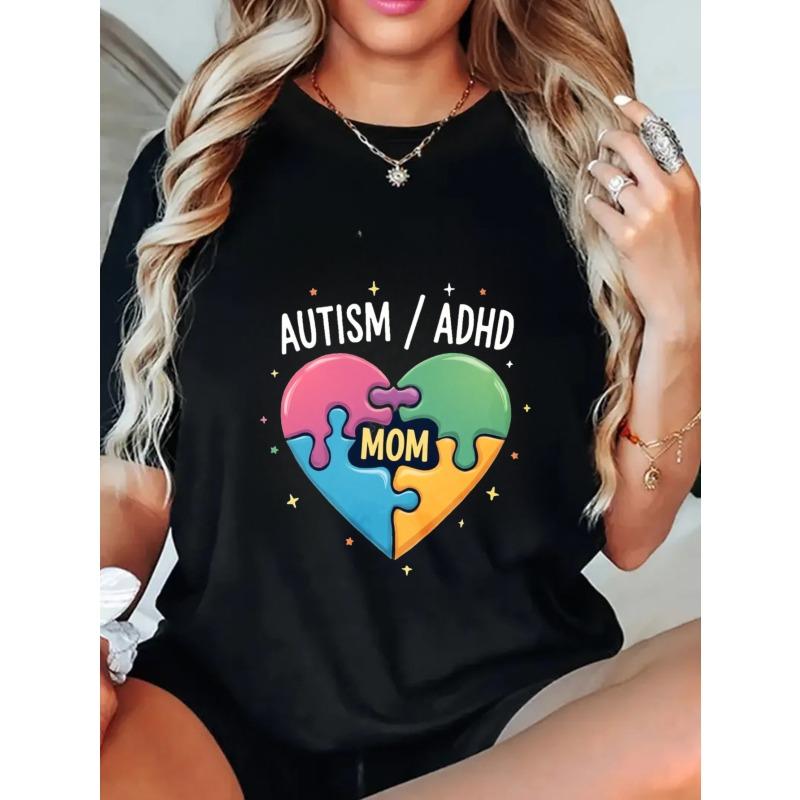 Autism Adhd Mom T Shirt Black Heart Puzzle Print For Autism Awareness And Support Mothers Day Gift