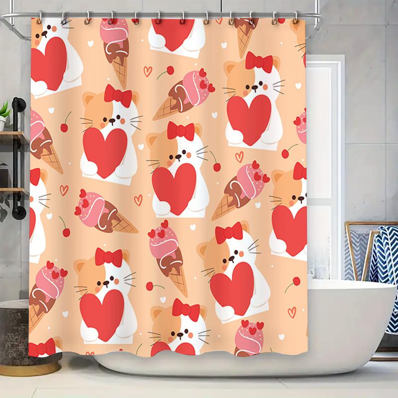 

Pet Cat Shower Curtain With Sweet Hearts Design For Bathroom Decor Pink Red Cupcakes Ice Cream Cone Bow Ties 3D Printed Waterpro W60H190(CM)-1 Pcs