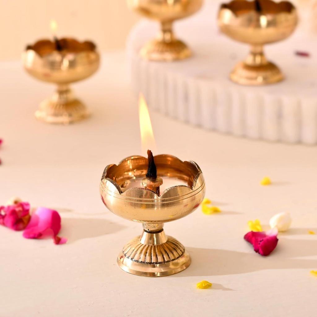 Brass Lotus Diya for Puja Set of 8 - Lotus Flower Diya for Pooja Room , Temple , Mandir, Office, Oil Lamp Diya for Home Decoration