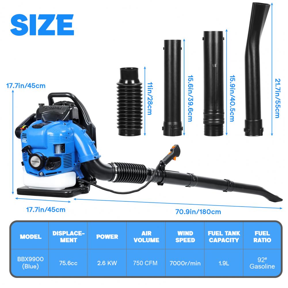 75.6CC Gas Powered Backpack Leaf Blower 750CFM 4-Stroke Snow Blowers Garden Power Tools for Lawn Care Yard Dust Debris