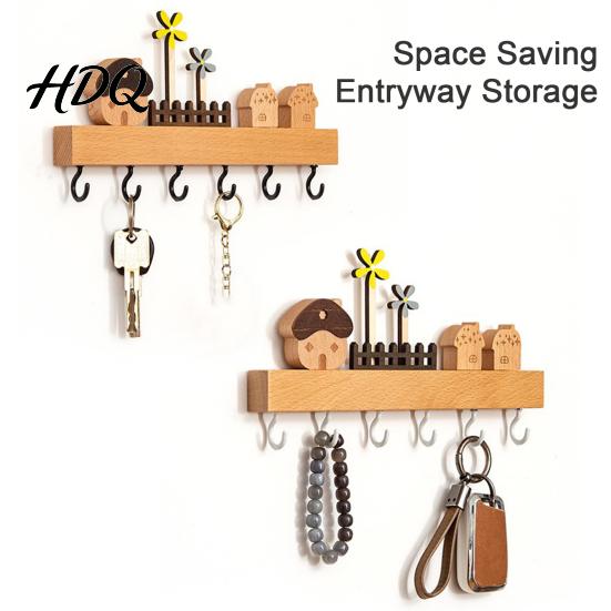 Wall Hanging Tool Hanger Solid Wood Key Holder with 6 Hooks Decorative Storage Rack Functional Hallway Organizer Space Saving Mounted for