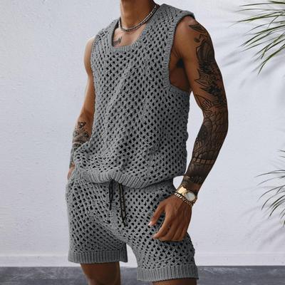 Westen-Shorts-Set für Herren, lässig, ärmellos, Strickoberteil, Shorts-Set mit Kordelzug für den Alltag, Shorts mit elastischer Taille und weitem Bein für Herren