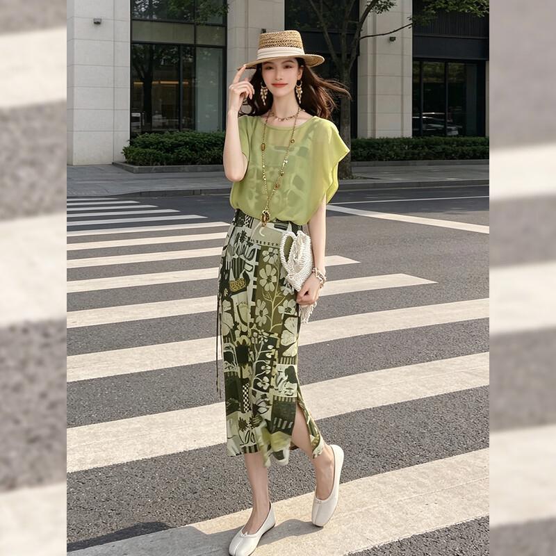 French Floral Print Faux Two-Piece Tie-Waist Dress