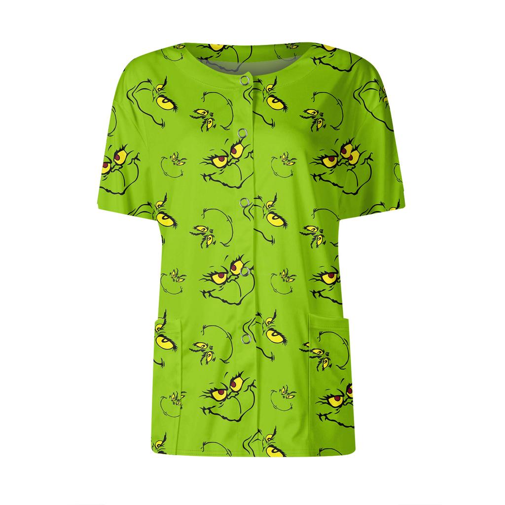 Women's Short Sleeved Patterned Pockets, Work Print Stand Up Collar, Single Breasted Protective Clothing, Cardigan Jacket, Top