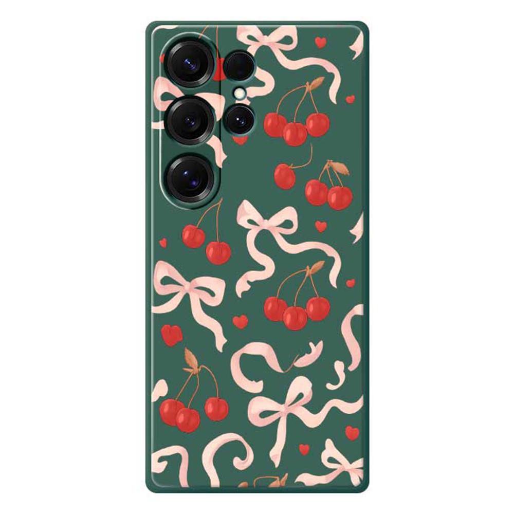 For Samsung Galaxy S25 Ultra Case Big Bow Cherry Pattern Printing Straight Edge TPU Phone Back Cover