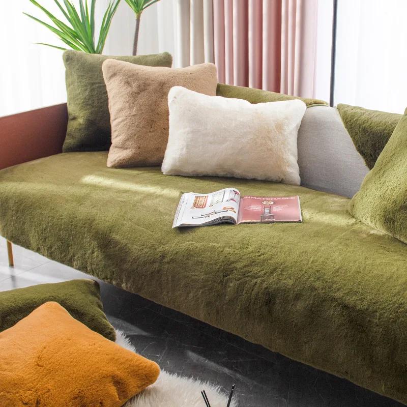 New Rabbit Plush Sofa Cushion Winter Style Anti-skid Thickened Sofa Cover Simple Modern Winter Light Luxury Style Cushion Cover