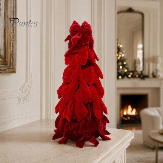 Desktop Christmas Tree Ornament Velvet Bow Decoration, Shaped Soft Fabric Tabletop for Fireplace Dining Table Window Holiday Decor