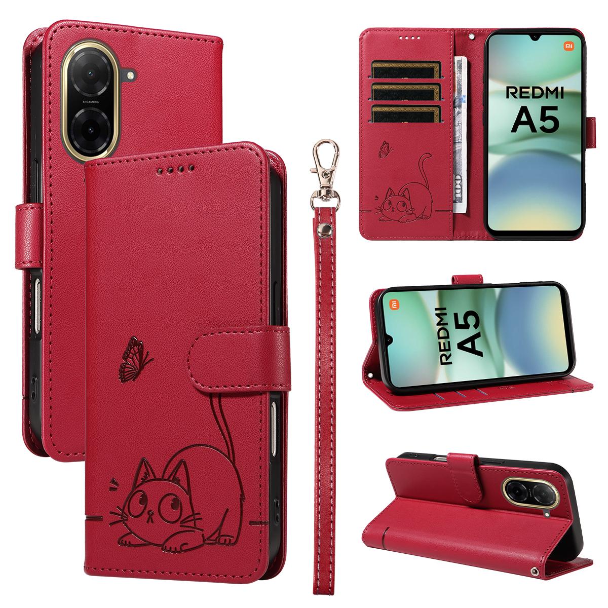 

Для Xiaomi Redmi A5 NFC (Європа) (173.45мм) Чохол Шкіряний Чохол для Телефону з Тисненням Візерунка Кішки та Ремінцем на Зап ястя F