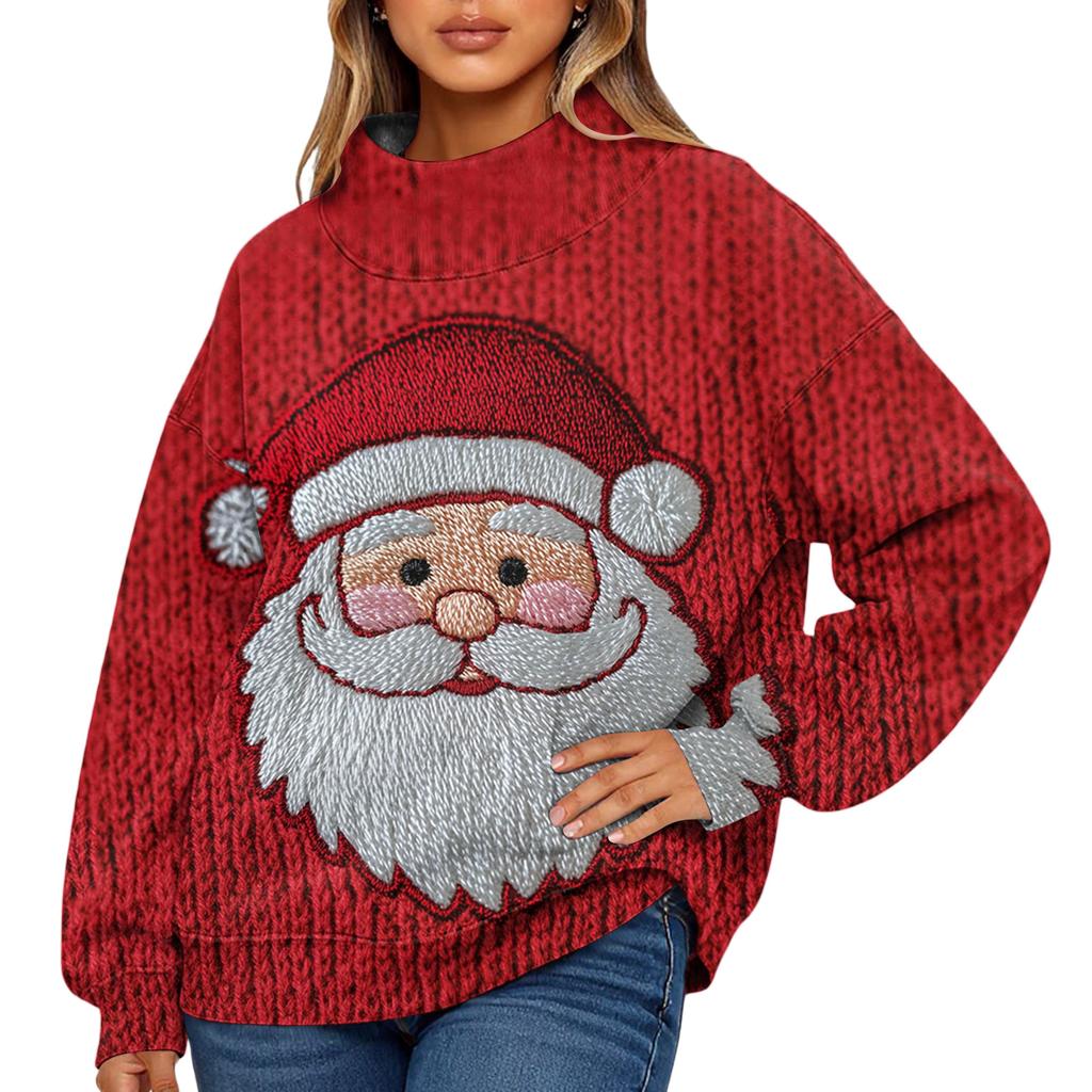 Ladies' Fashionable Christmas Printed Long Sleeved High Neck Sweatshirt Top