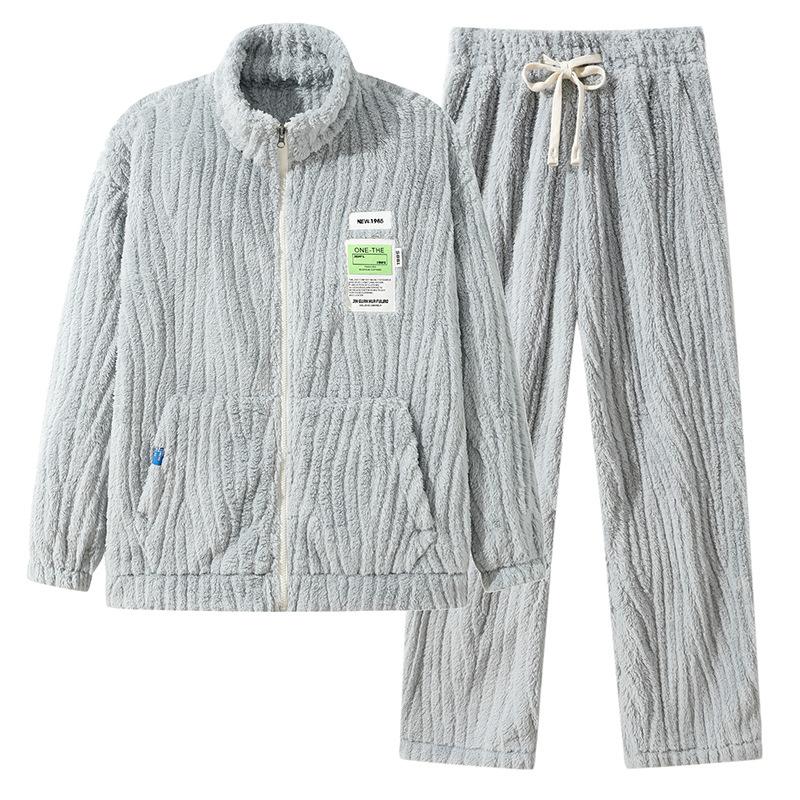 80-140Kg Fattened Plus Size Men'S Casual Cardigan Pajamas Homewear Autumn And Winter Fleece Thickened Two-Piece Set