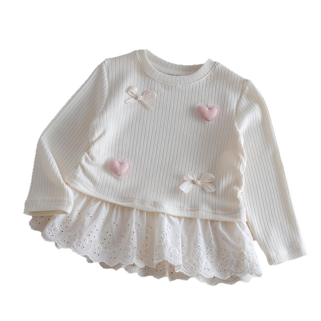 Girls Long Sleeve T Shirt Spring Autumn Sweet Lace Trim Bowknot Top Kids Casual Inner Wear Base Layer Blouse
