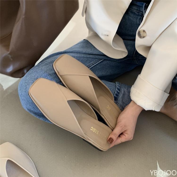 2025 New Summe Fashionable Casualr Outerwear Baotou Half Dragged Women's Shoes Elegant Square Closed Comfortable Flat Shoes