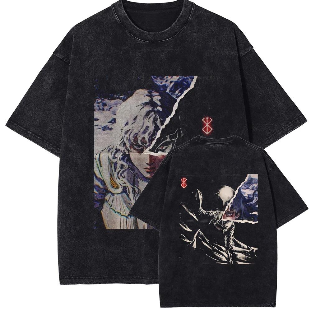 Berserk Guts (Black Swordsman) & Brand of Sacrifice Vintage Washed Double-Sided Anime T-Shirt, Unisex Dark Fantasy Manga Fan Streetwear Tee
