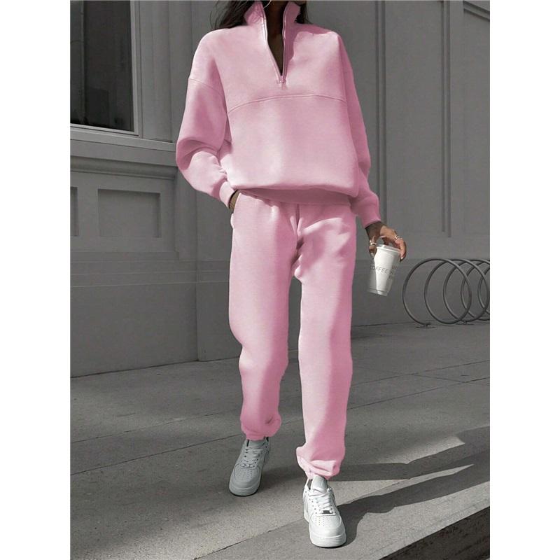 Autumn Winter European And American Half Zipper Stand Up Hoodie Set Solid Color Loose Casual Two Piece Set