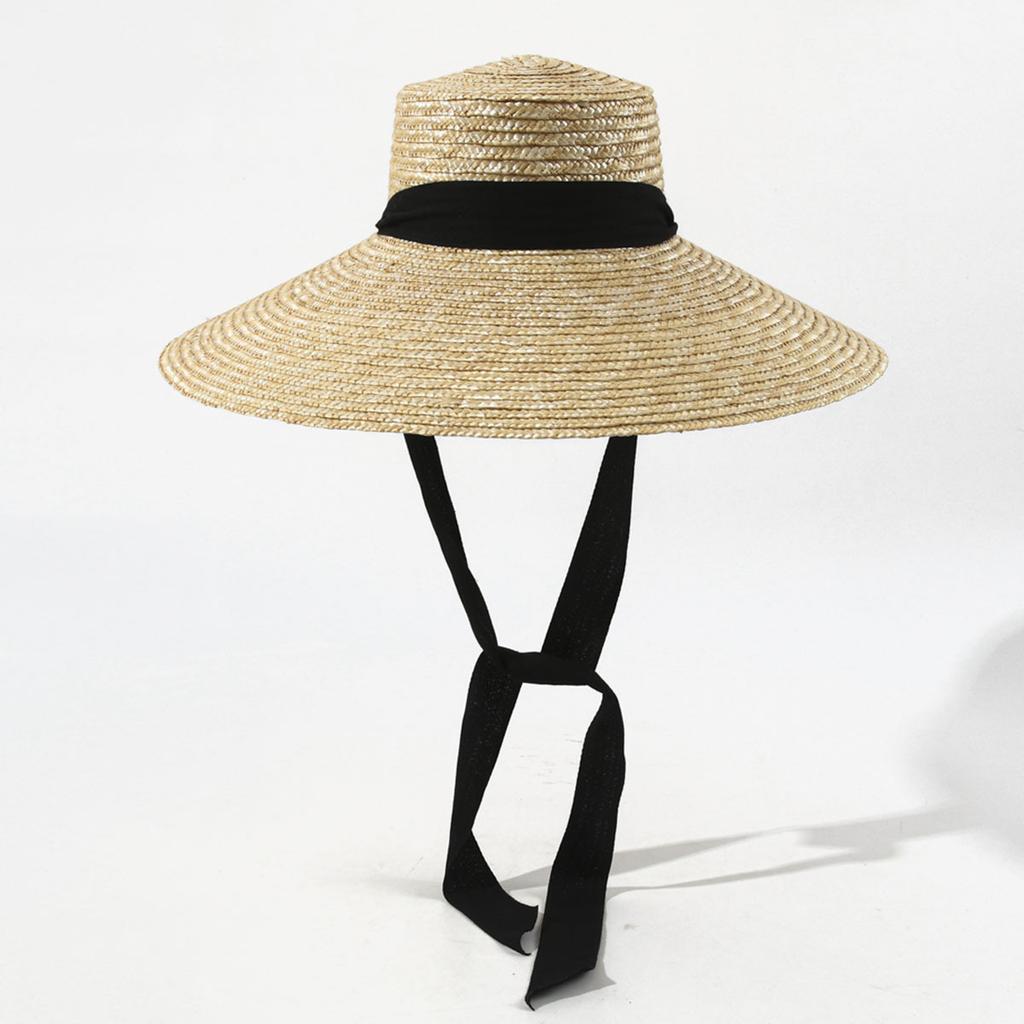 European American Long Streamer Wide Brim Straw Hat for Women, Large Beach Sun Cap with Wheat Straw, Vacation