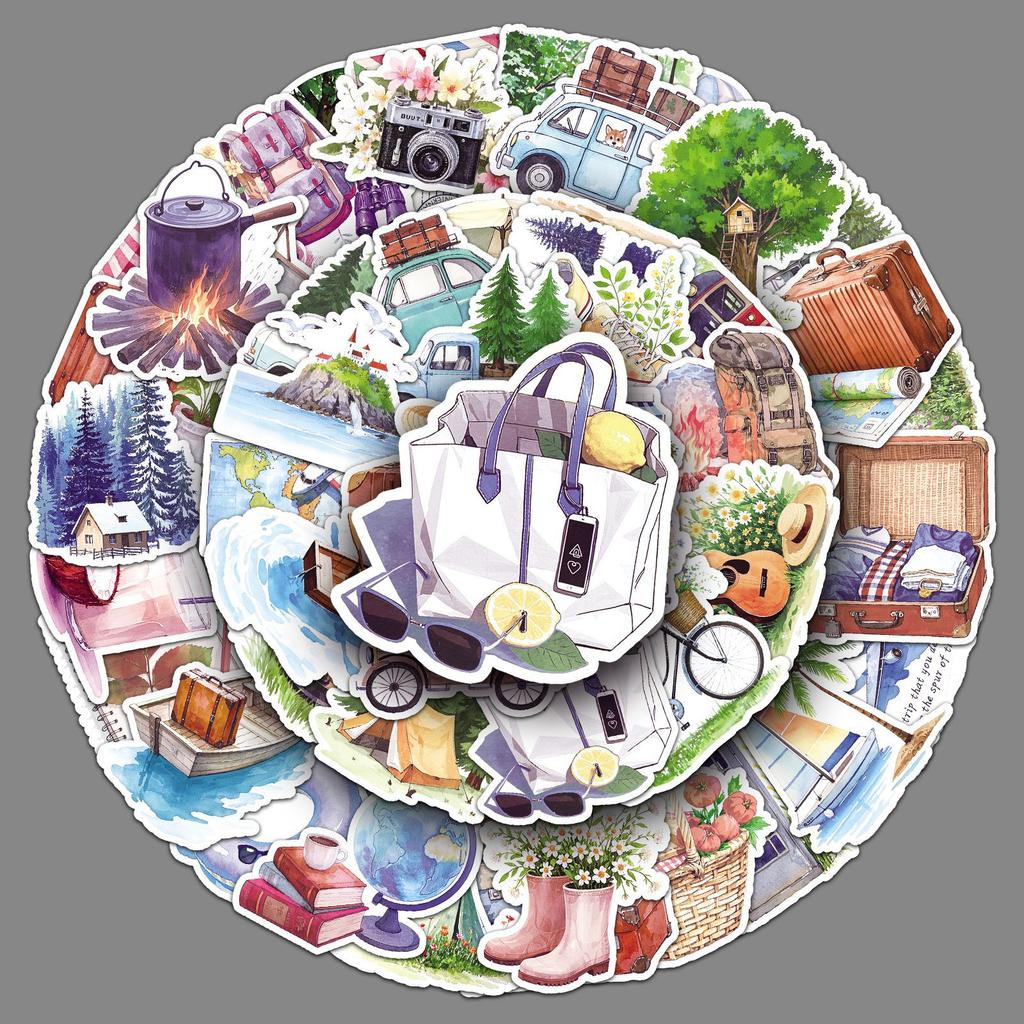 50 Outdoor Travel Graffiti Stickers Cartoon Small Fresh Hand-painted Watercolor Wind Camping Decorative Water Cup Mobile Phone Stickers