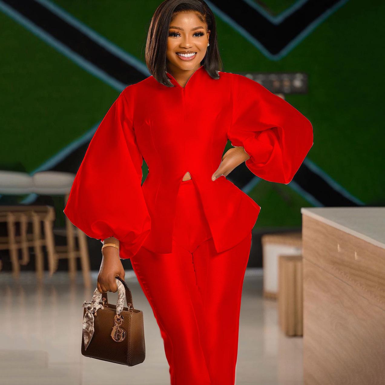 

Літній європейський і американський костюм з довгими рукавами та брюками 2024 року, комплект із двох частин XXL червоний