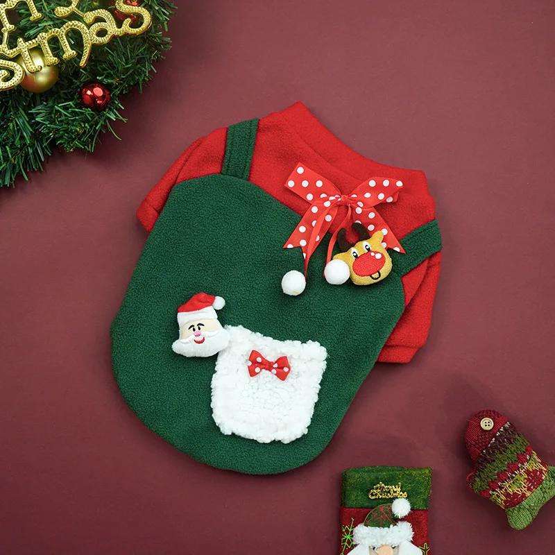 

Fleece Outfit for Small & Medium Dogs Christmas Pet Overalls with Santa & Reindeer Decor, S зелёный