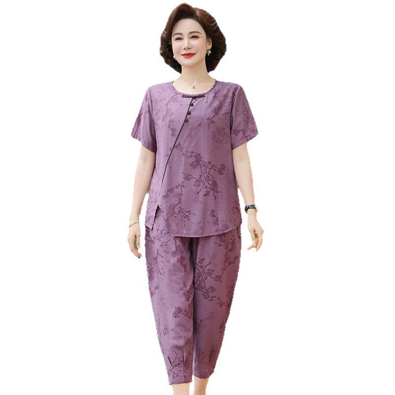 Petite Mom's Ice Silk Printed Summer Set for Middle-Aged Women