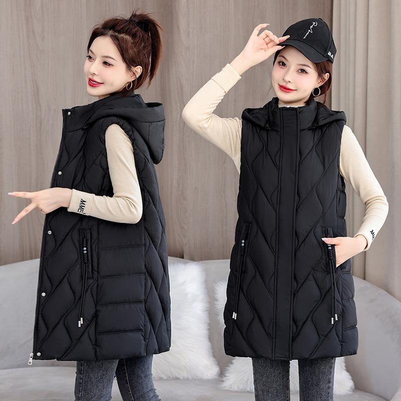 Cotton Vest Women's Medium and Long Live Hat Medium and Long Solid Color Cotton Vest Rhombus Temperament Thin Loose Vest