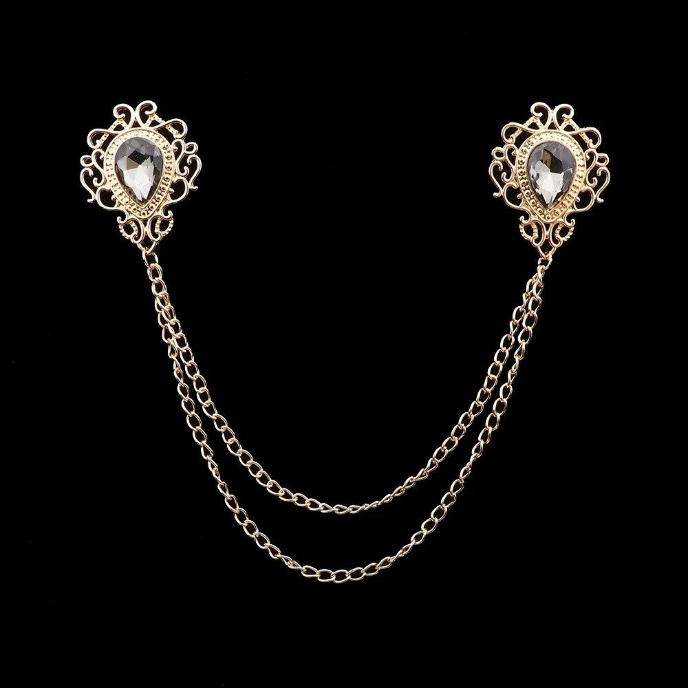 Retro Crystal Rhinestone Brooch, Suit Shirt, Tassel Chain, Lapel Pin, Women Men Jewelry, Alloy, Collar Brooch Pin