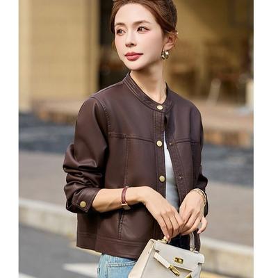 Winter Short PU Leather Jacket Women Thickened Fleece Lined Stand Collar Stylish Warm Button Coat