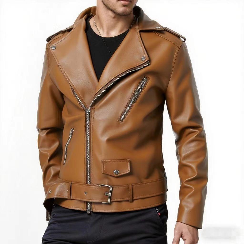 Autumn Winter Casual Men's PU Leather Jacket Fashion Slim Fit Turn Down Collar Moto Biker Coat Trendy Men's Outerwear