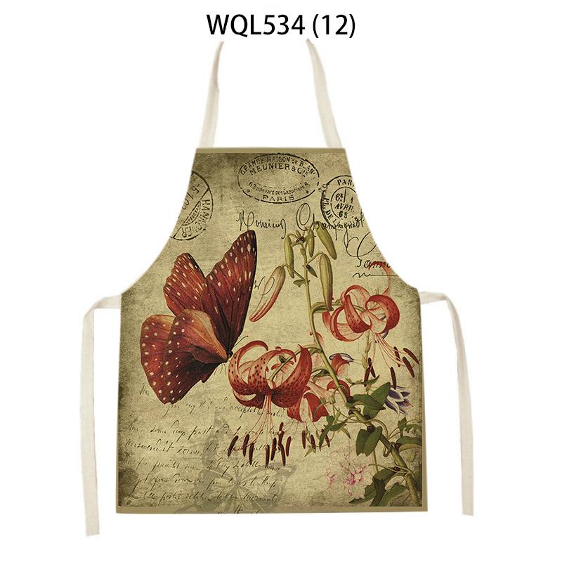 Women Men Retro Bird Flower Butterfly Printed Kitchen Aprons Household Cleaning Pinafore Baking Accessories Linen Cooking Apron