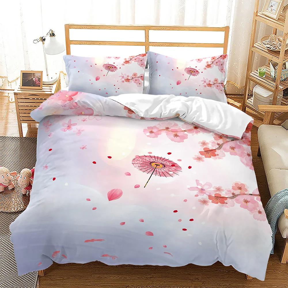 Pink Floral Duvet Cover Japanese Cherry Blossoms Theme Bedding Set Spring Romantic Quilt Cover for Girl Microfiber Bedspread