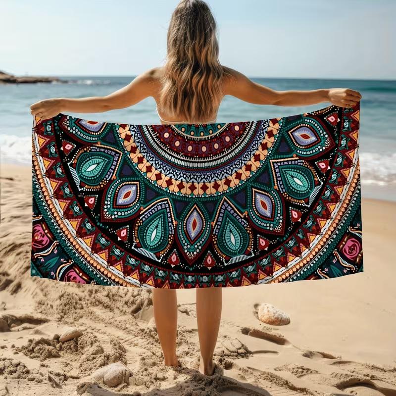 Boho Colorful Flowers Beach Towel Vintage Illustrated Floral Tribal Folk Art Print Soft Absorbent Quick Dry Towel for Beach W30*H60(CM)