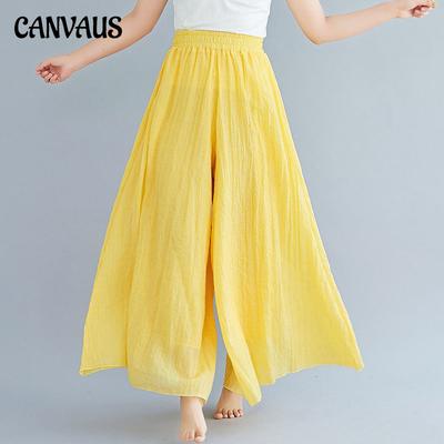 Summer Women's Pants Literary Large Size Cotton Linen Wide Legged Pants Skirt Elastic Waist Linen Pure Color Ethnic Wind Big Swing Pants Skirt Pants
